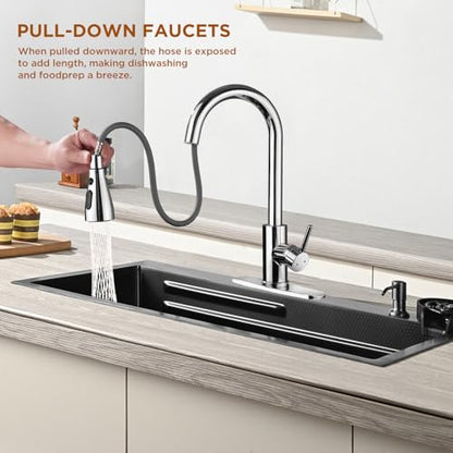 Kitchen Faucet with Pull Down Sprayer，Stainless Steel Single Handle Kitchen Faucet，1/3 Hole, Deck Plate Included，Suitable for farmhouses, Campers, Laundry Rooms, RVs, and Bars (Chrome)