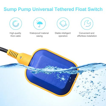 Sump Pump Universal Tethered Float Switch AC 15A 110~250V Piggyback Style Plug with 10 Feet Cord, Used in Sewage Pump, Water Tank, Septic Tank Pump, etc.