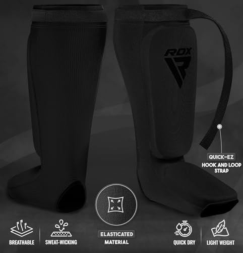 RDX Shin Guards Kickboxing Muay Thai, SATRA Approved, MMA Leg Instep Protection Pads, Sparring Training Martial Arts Boxing, Elasticated Padded Protector, Karate BJJ Taekwondo Gear, Men Women - color: Full Black, size: Large