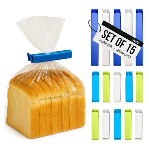 LINDEN SWEDEN Twixit! Bag Clips - Set of 15 - Keep Food Fresh, Prevent Spillage - Great for Storage and Organization - Microwave, Freezer and Dishwasher-Safe - BPA-Free - size: 5 Large 10 Small