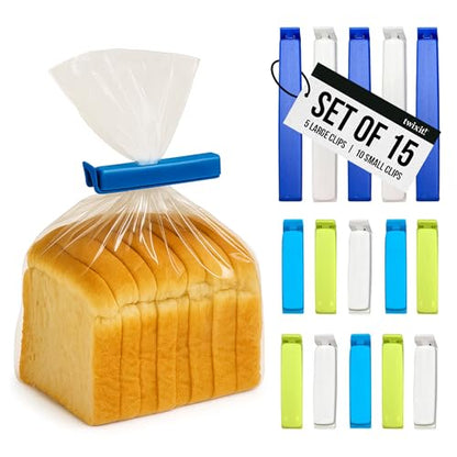 LINDEN SWEDEN Twixit! Bag Clips - Set of 15 - Keep Food Fresh, Prevent Spillage - Great for Storage and Organization - Microwave, Freezer and Dishwasher-Safe - BPA-Free - size: 5 Large 10 Small