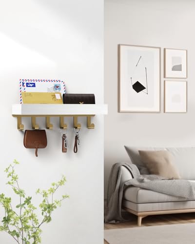 Key Holder Wall Mount Magnetic Adhesive, Key Hooks Rack with Shelf - color: Gold White, size: Medium