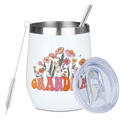 Grandma Gifts Wine Tumbler 12 oz Insulated Wine Glass Cup with Lid Straw Vacuum Travel Cup,Grandma Birthday Gifts Mothers Day Retirement Thank You Gift for Women Friend Mothers Day Christmas