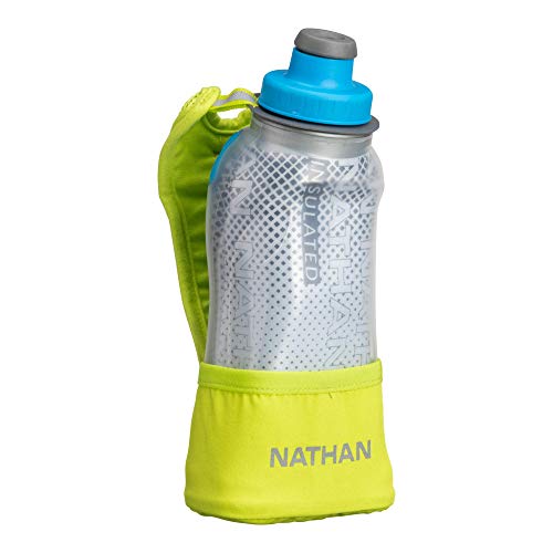 Nathan Running Handheld Water Bottle Adjustable No-Grip Quick Squeeze Lite Hand Strap. Reflective Hydration - color: Finish Lime / Blue Me Away, style: 12oz Insulated
