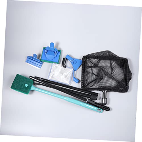 Aquarium Durable Fish Tank Tools Kit with Gravel Rake Scraper Plant Fork Sponge Brush Net for Easy Aquarium Maintenance Green