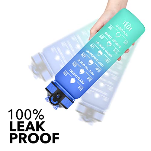 Hyeta Water Bottle with Straw & Time Marker, Plastic 32oz Leakproof - color: Sea Level
