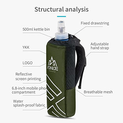 AONIJIE Running Water Bottle Handheld Hydration Pack with 500ml Soft Flask - color: Olive Green