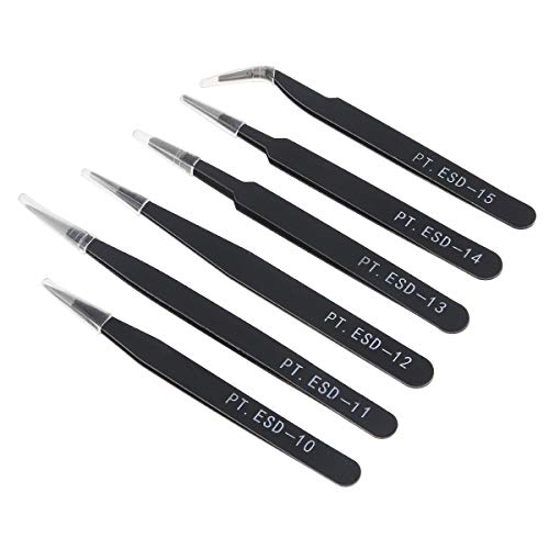 6PCS Precision Tweezers Set, ESD Tweezers Set, Anti-Static Stainless Steel Tweezers, Non-magnetic Curved Tweezers Set, Electronics Tweezers Kit for Jewelry, Craft, Electronics