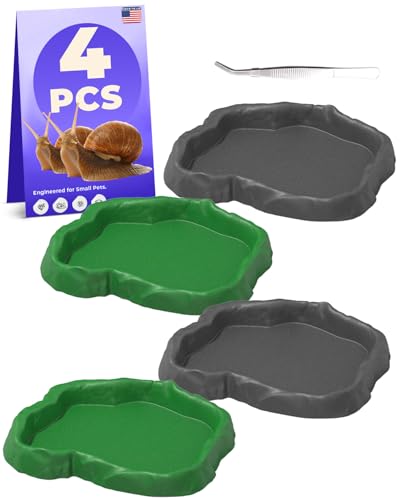 4Pcs Snail Food and Water Bowl, Reptile Water Dish and Food Bowl, Natural Design Terrarium Feeding Dish for Garden Snails, Hermit Crab, Lizard, Frog, Gecko (Black, Green)