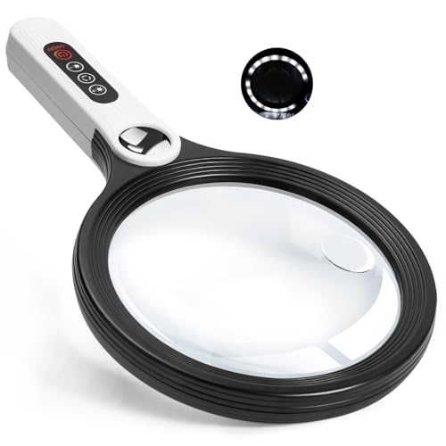 Large Magnifying Glass with Light, Ebbnivs Handheld Magnifying Glasses Magnifier with 5 Light Modes & 10 Level Brightness Gift for Elderly Reading Close Work Hobby