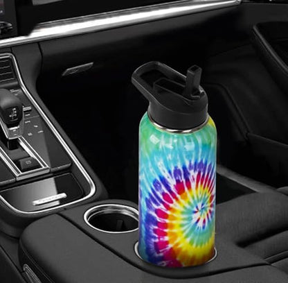 Tie-Dye Water Bottle with Straws Summer Insulated Bottles Travel Thermal Double Walled Vacuum Cup Leak Proof Stainless Steel Tumbler Tie-Dye Lovers Decor Gifts-32 oz - color: Cyan blue yellow