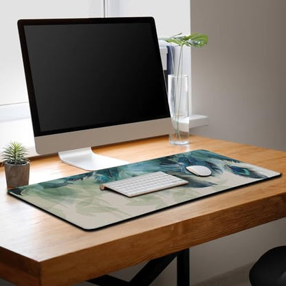 Gaming Mouse Pad Navy Desk Mat Large Desk Pads Mens Office Accessories Pad for Table Non-Slip Rubber Base Waterproof with Stitched Edges 35.4" X 15.7" for Game Office, Peacock Feather