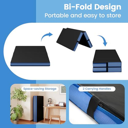 Goplus 4" Thick Folding Gymnastic Mat, Thickened Bi-Fold Fitness Mat with Carrying Handles & PU Leather Cover, Home Gym Tumbling Mat for Stretching, Pilates, Aerobics Workouts - color: Black&Blue