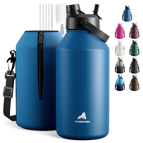 POWCAN 64 oz Insulated Water Bottle with 2-in-1 Straw Spout Lid, Leakproof, Carrier Bag, Shoulder Strap, Keep Cold 48H, Half Gallon Stainless Steel Water Jug for Men, Sports, Camping, Fitness (Indigo) - color: Indigo
