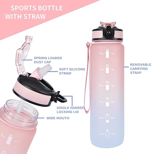 EYQ 32oz Water Bottle with Straw, Time Marker, Blue Purple - color: 6.Ruby/Blue Gradient