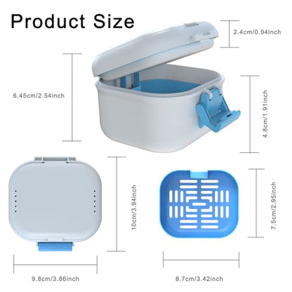 BVN Denture Case with Strainer, Leak Proof Denture Soaking Box | Portable Dental Cup with Storage Compartment, Magnetic Lid & Ventilation Design for Dentures, Retainers and Braces - color: White+blue