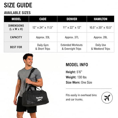 Reebok Lightweight Unisex Carry On Gym Duffle Bag for Men & Women, Sports - color: Cade - Black/White
