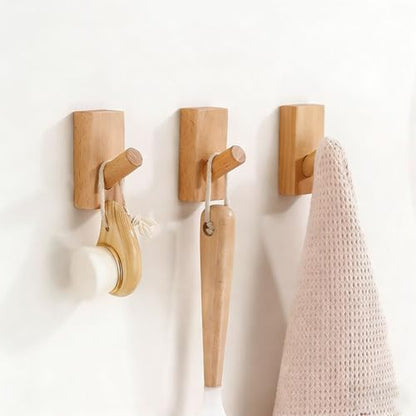 HomeDo Adhesive Wood Wall Hooks, Decorative Coat Hooks Hat Rack, Beech 4P - color: Rectangle-Beech