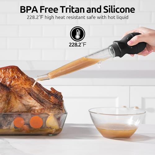 U-Taste 228.2℉ Heat Resistant Food Grade 1.5oz Angled Turkey Baster, and 20inx28in Large Silicone Pastry Mat Food-Grade Non-Stick Dough Rolling Mat (Black+Transparent)