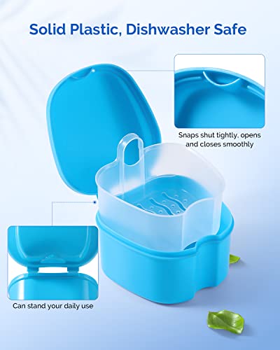 JMU 2 Pcs Denture Bath Case, Denture Cup with Strainer Basket Tray - color: Navy Blue,Teal Blue
