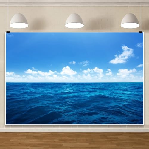 Yeele 8x6ft Blue Ocean Scene Backdrop Blue Sky White Clouds Sea Wave Natural Seascape Photography Background for Sea Theme Baby Shower Kids Birthday Party Decoration Photo Shoot Props Vinyl