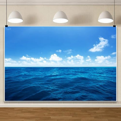 Yeele 8x6ft Blue Ocean Scene Backdrop Blue Sky White Clouds Sea Wave Natural Seascape Photography Background for Sea Theme Baby Shower Kids Birthday Party Decoration Photo Shoot Props Vinyl
