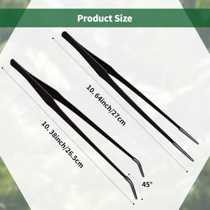 2 Pack Stainless Steel Reptile Feeding Tongs with Rubber Tip, 10.6" Straight & Curved Tweezers, for Aquarium or Craft, Planted Tank, Terrarium Tank, Feeder for Beard Dragons, Lizard and Snakes, Silver
