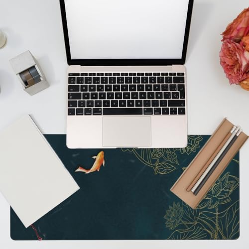 Large Gaming Mouse Pad, Koi Fish Ink Painting Desk Mat, Golden Line Lotus Desk Pad, Extended Big Computer Keyboard Mouse Pad with Non-Slip Base and Stitched Edge, 35.4"x15.7"