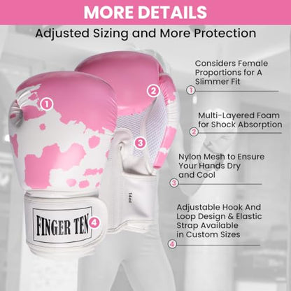 FINGER TEN Stylish Pattern Boxing Gloves Women 8-16 oz - color: Pink&White, size: 8 oz