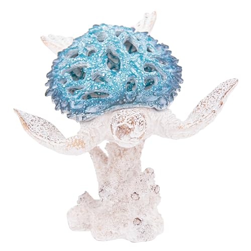 Aqua Sea Turtle Sculpture Coastal Nautical Tabletop Decor, 8.5 x 7 x 4 Inches Beach House Figurine Room Accent with Coral Reef Base - color: Arctic Tide