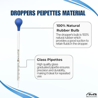 Multipurpose Glass Pipettes Droppers, 2ml Graduated, Blue Rubber Head, Straight-Tip Calibrated Thick Glass to Transfer Fluid, Liquids, Essential Oils, Accurate Easy Dose & Measurement - 8" Long