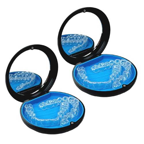 2 Pack Aligner Case with Mirror, Retainer Case for Invisalign - color: 2pcs Black Outside Blue Silicone