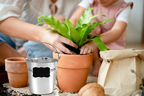 12 Metal Buckets with Chalkboard Stickers, Small Galvanized Pail for Party and Wedding, 5 Inch Tin Buckets, Garden Planters