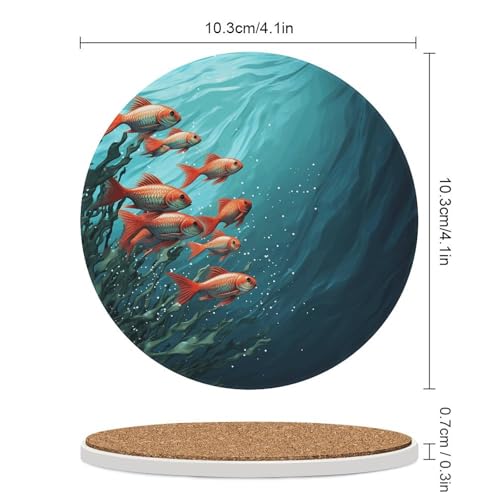 Drink Coasters Set of 6 Absorbent Round Ceramic Coasters for Coffee Fish Aquarium Table Coasters with Cork Base Tabletop Protection Mat for Home Office Kitchen