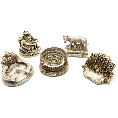5PCS Italian Ornament Rome Decor Decorations Italy Small Statue Figurine Colosseum Architecture Wolf St. Peter's Basilica Trevi Fountain Roman Collectibles Travel Gifts Building Sculpture Miniature