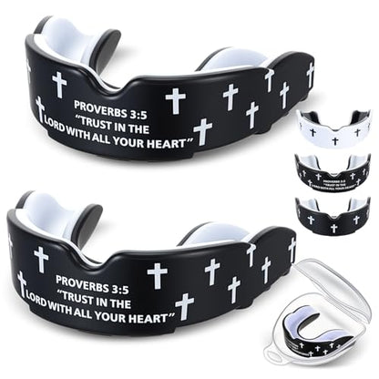 Yaomiao 2 Pcs Mouth Guards Christian Teeth Guards Sport Game Guard & Case Religious MouthGuard Soccer Football Basketball Baseball Wrestling Lacrosse Rugby Boxing Taekwondo - size: Adult, style: Black & Proverb