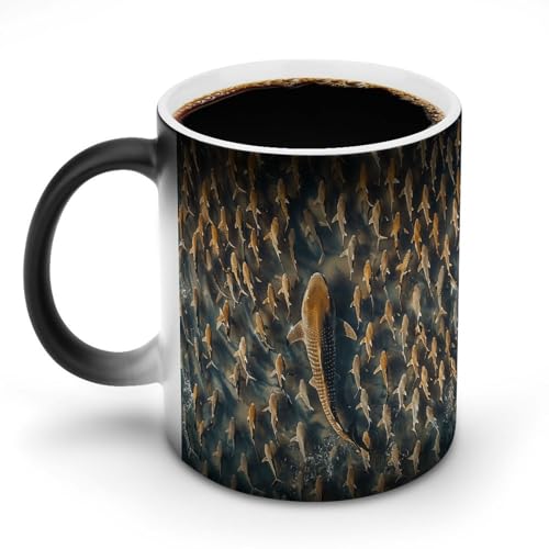 Big Fish And Small Fish Color Changing Mug Heat Changing Mug Ceramic Mug Heat Reactive Black Mug Tea Cup Message Appears As It Heats Birthday Holiday Gift for Family Friend