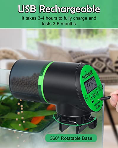 Automatic Fish Feeder for Aquariums - Rechargeable Auto Fish Food Dispenser Timer Feeder with USB Charger Cable，LCD Screen, Customized Schedule - color: Green