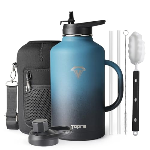 Topre 64oz Water Bottle Insulated with Handle,Double-Wall Vacuum Stainless Steel (Cold for 48 Hrs), Half Gallon Water Jugs,Reusable Metal Water Flask with Carry Pouch,Straw & Spout Lid,Indigo Black - color: Indigo Black with Handle, size: 64 Ounces