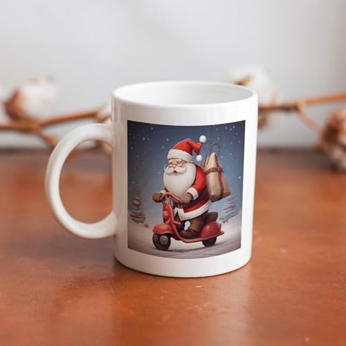 11oz White Ceramic Coffee Mug Funny Santa Claus on Scooter Tea Cup Microwave & Dishwasher Safe, Lead-Free for Home Office Daily Use & Gifting - color: santa claus on scooter