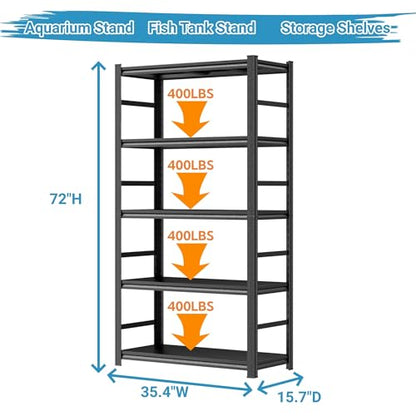 PRESTELION Aquarium Stand Fish Tank Stand 1600LBS Metal Shelving Adjustable Heavy Duty Storage Shelves Display Shelves Utility Shelf for Turtle Tank, Reptile Terrarium, 72" H×35.4" W×15.7" D, Black
