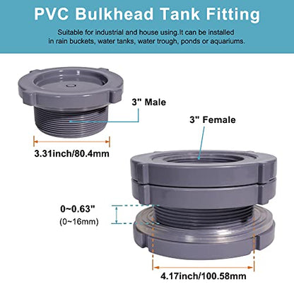 3 Inch PVC Bulkhead Water Tank Connector Adapter Fitting with Plugs Thru-Bulk Pipe Fitting for Rain Barrels, Aquariums, Ponds(Set of 1) - size: 3"-1pcs