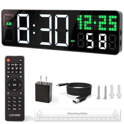 LUCORB Gym Clock with Seconds, 12" Digital Wall Clock for Home Gym - Remote Control Workout Clock with HIIT Countdown, Voice Prompt 5 Display Modes 4 Training Alarms for Garage Classroom Office