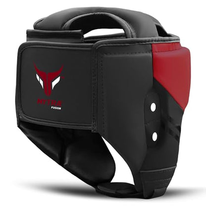 Mytra Fusion Boxing Headgear - Sparring Gear with Adjustable Strap MMA, Muay Thai, Kickboxing, Martial Arts, Karate, Head Gear - color: Black/Red, size: X-Large