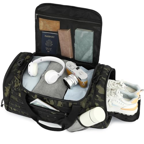 3-in-1 Tactical Gym & Travel Duffle Bag Backpack Men Multi-Functional 45L Military Sports Duffle Bag with Shoe Compartment & Wet Pocket for Workout Weekender Overnight Bag with Molle Webbing, Camo - color: Camo