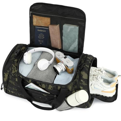 3-in-1 Tactical Gym & Travel Duffle Bag Backpack Men Multi-Functional 45L Military Sports Duffle Bag with Shoe Compartment & Wet Pocket for Workout Weekender Overnight Bag with Molle Webbing, Camo - color: Camo