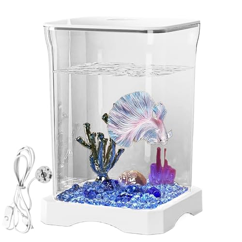 Small Fish Tank - LED Aquarium, Acrylic Mini Bowl with Feeding Hole, Compact Betta Container, Clear Stylish Design | Home Office Decoration, Desktop Display, Bedroom Aquarium, Small Aquatic Habitat - color: White