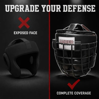 Heavy Leather Headgear with Removable Face Mask, Adjustable Hook & Loop Closure - Ideal for Boxing, Kickboxing, MMA Training