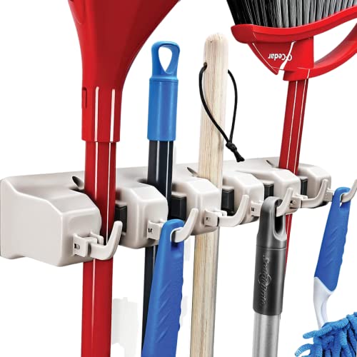 HOME IT Mop and Broom Holder Wall Mount Hanger, Heavy Duty 5 Slots 4Hooks - color: Off-White, size: 1 Pack 5-position, 6-Hooks