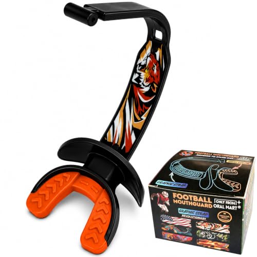 ORAL MART 2026 Youth Football Mouthpiece for Kids - Football Pacifier Mouth Guard with Graphic Permanent Strap (Dual-Color) - Lip Guard Mouth Guard (for Braces) - Instant Fit (No Boil) - color: Tiger Bite